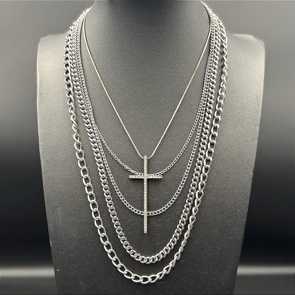 The Unbranded Brand Jewelry - Vintage Rhinestone Encrusted Cross Charm Pendant Layered Chain Necklace Set